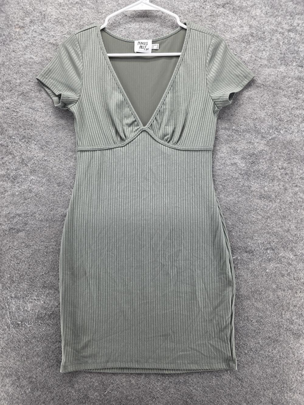 Princess Polly Dress Womens 8 Sage Green Ribbed Bodycon Mini Short Sleeve V Neck